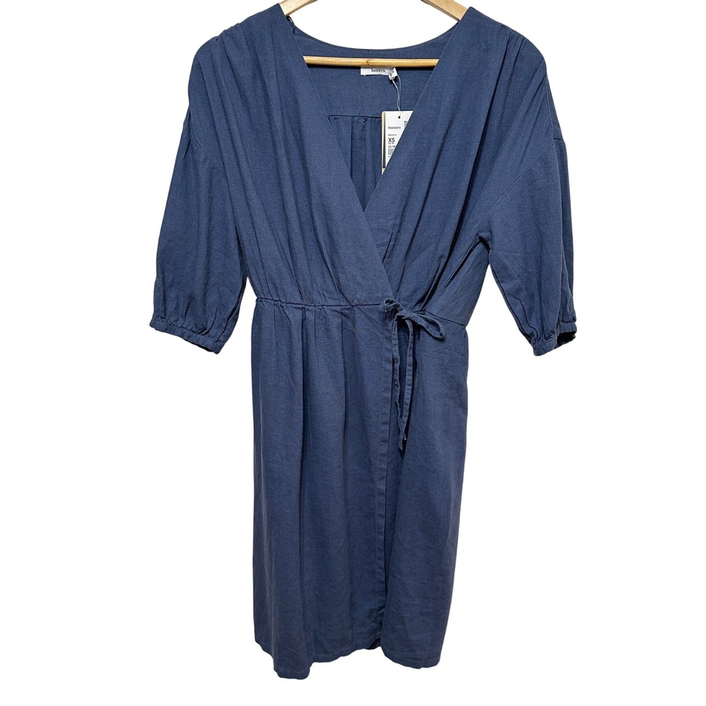 NEW Bossini French Linen Wrap Dress Women XS Blue Short Sleeve Euro Chic Travel